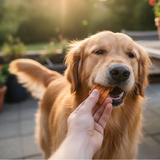 Golden retriever dog receiving a treat outdoors on a patio with plants and furniture.