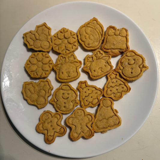 15 christmas dog treats with shapes including snowmen, bells, reindeer, and Santa Claus