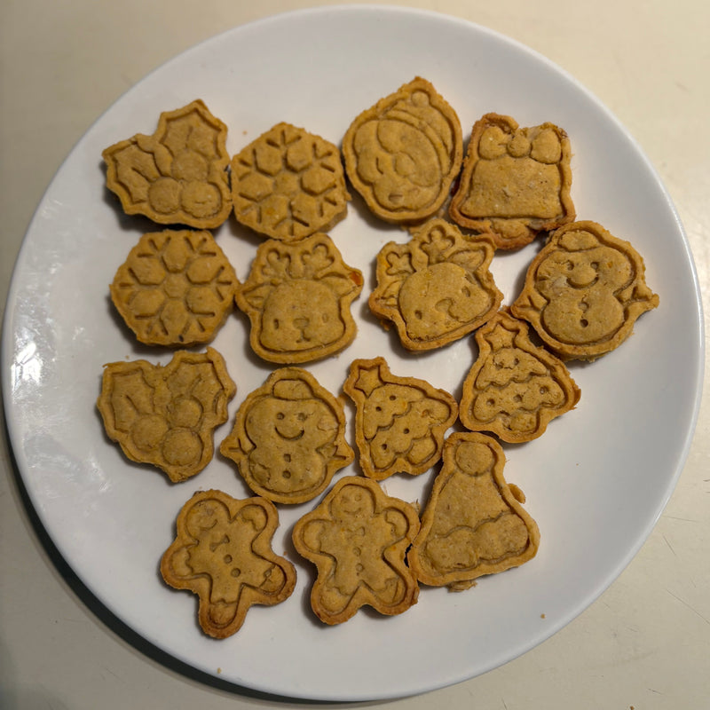15 christmas dog treats with shapes including snowmen, bells, reindeer, and Santa Claus