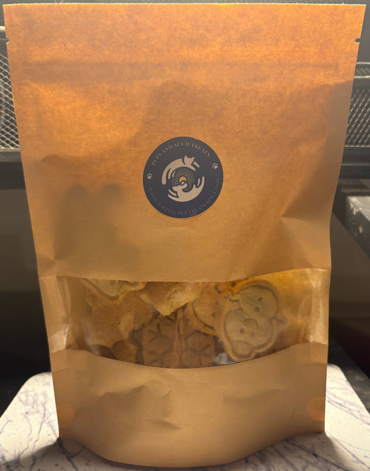 Brown dog treat bag with black background and white marble bottom accent