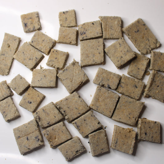 Square-shaped blueberry dog treats on a white plate