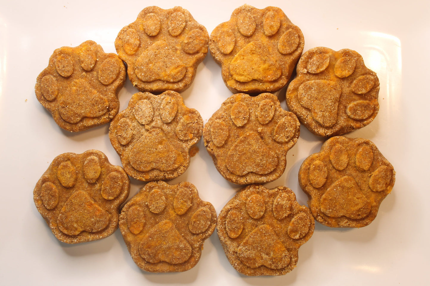 Dog treats shaped like paw prints on a white plate