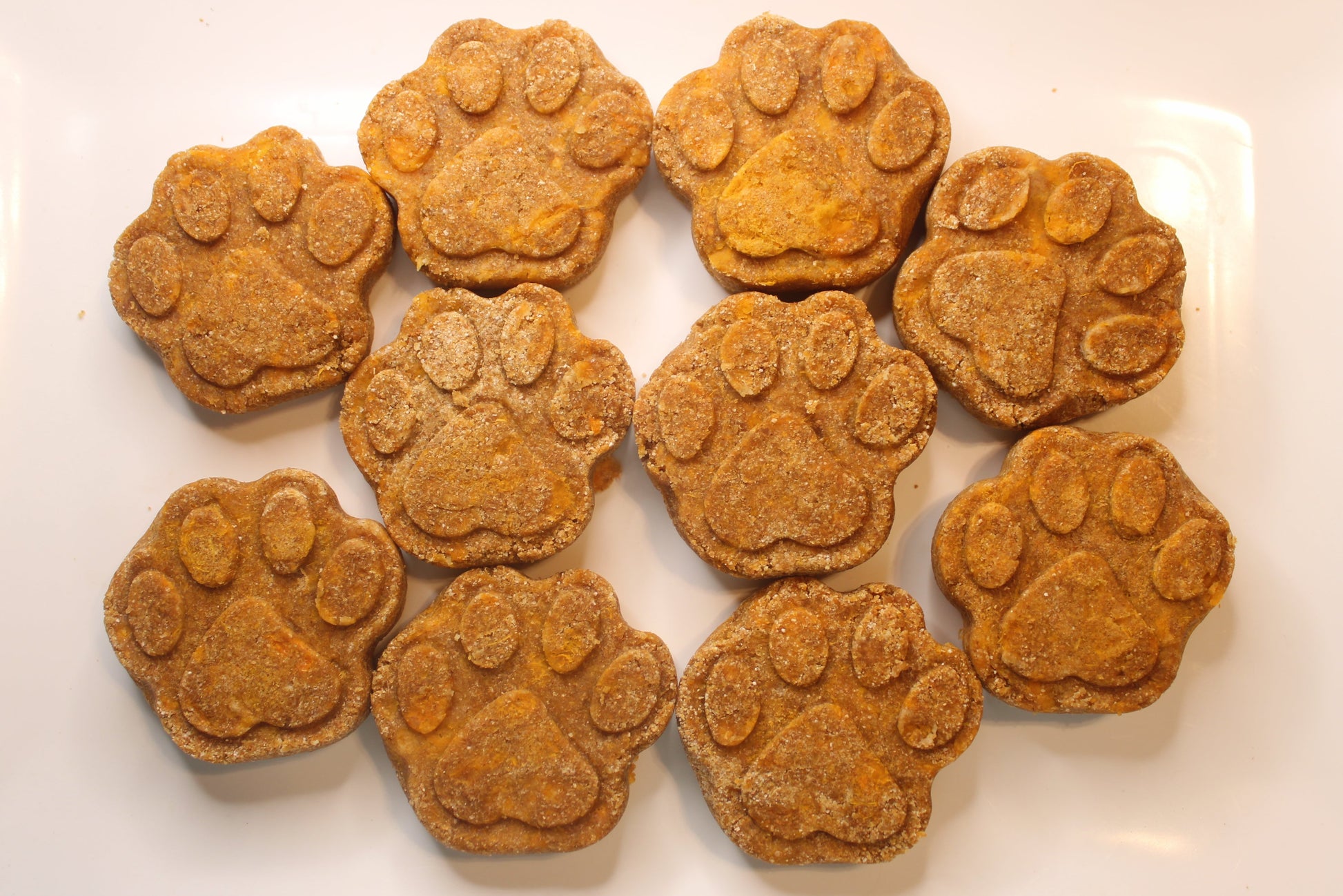 Dog treats shaped like paw prints on a white plate