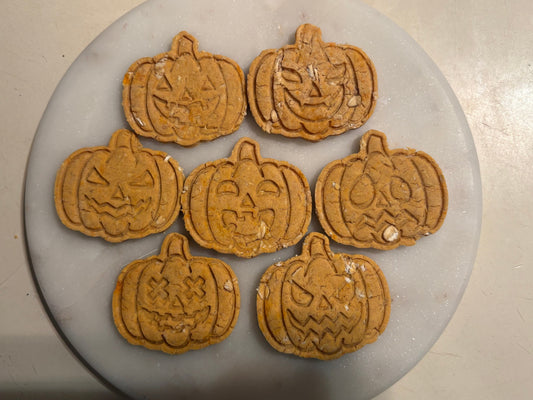 Six pumpkin-shaped dog treats arranged on a round white plate, photographed from a top-down perspective.