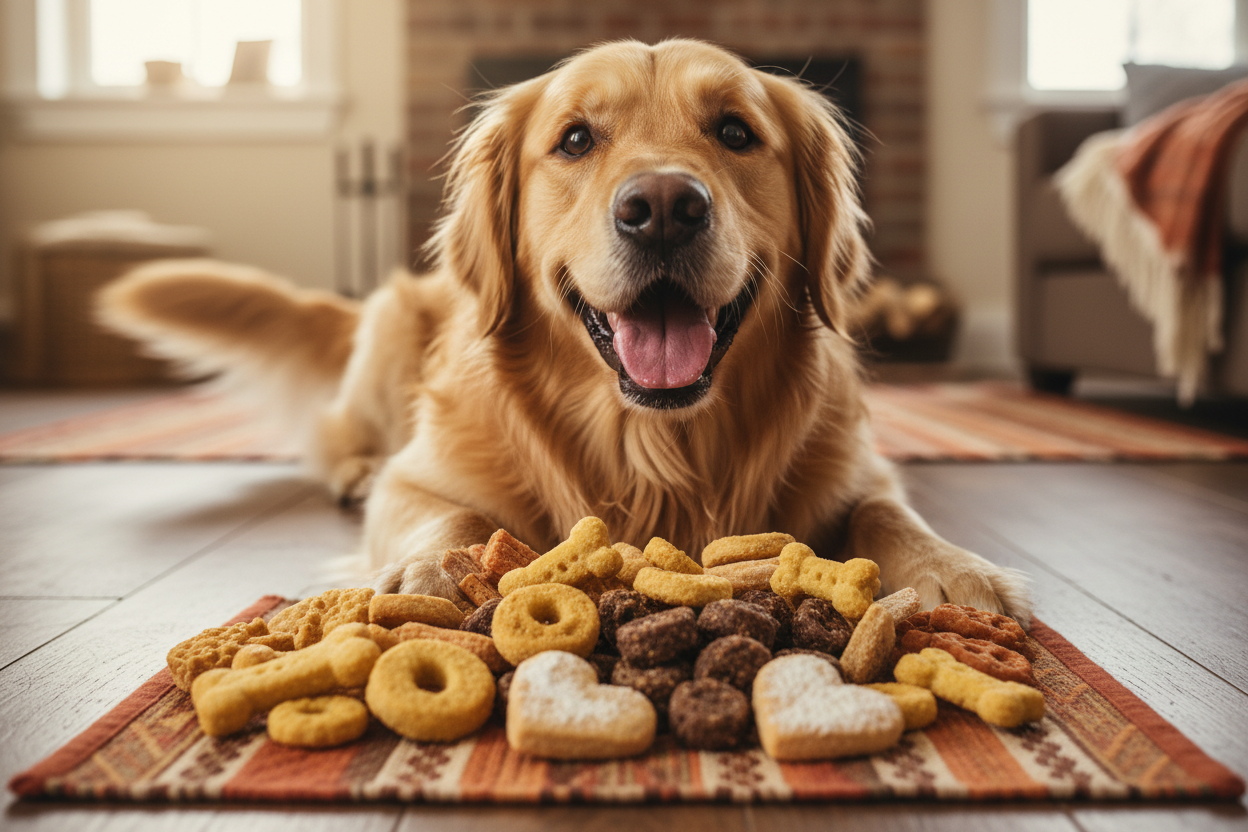 happy dog with treats in front of them