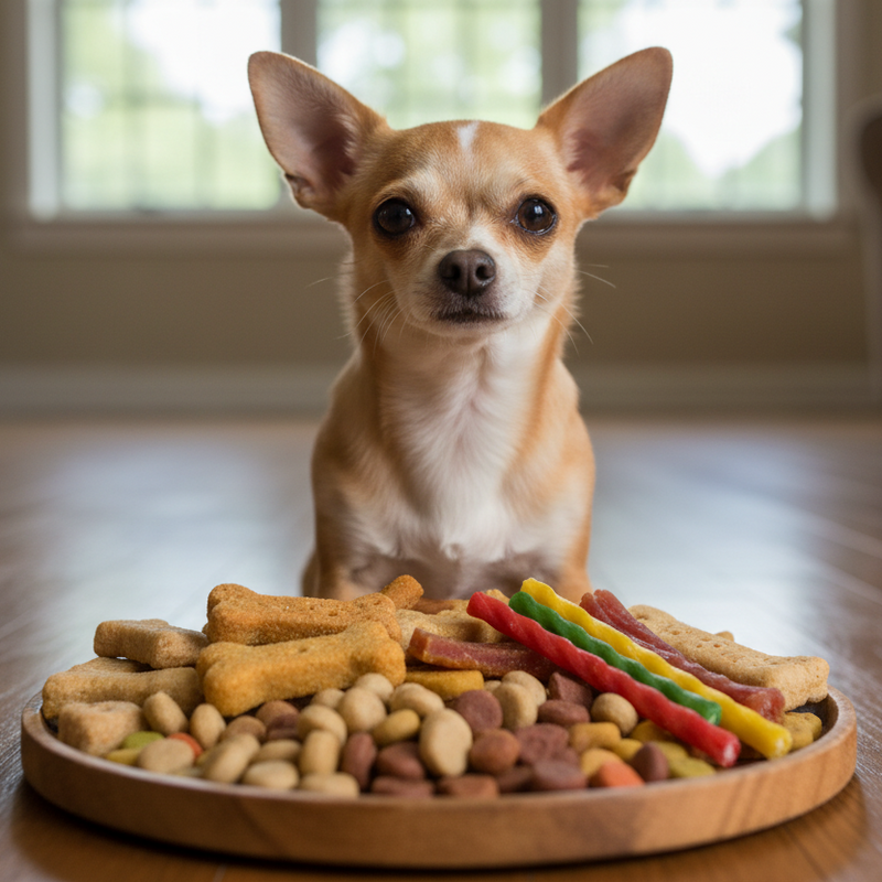 realistic chihuahua with dog treats in front of them